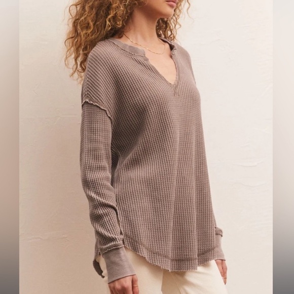 Z Supply Waffle Knit Henley Thermal Sweatshirt Top - Picture 3 of 9